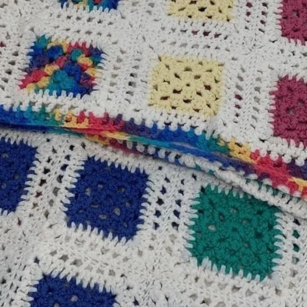 Handmade Crochet Granny Square Blanket White Pink‎ Blue Boho Cottagecore Throw